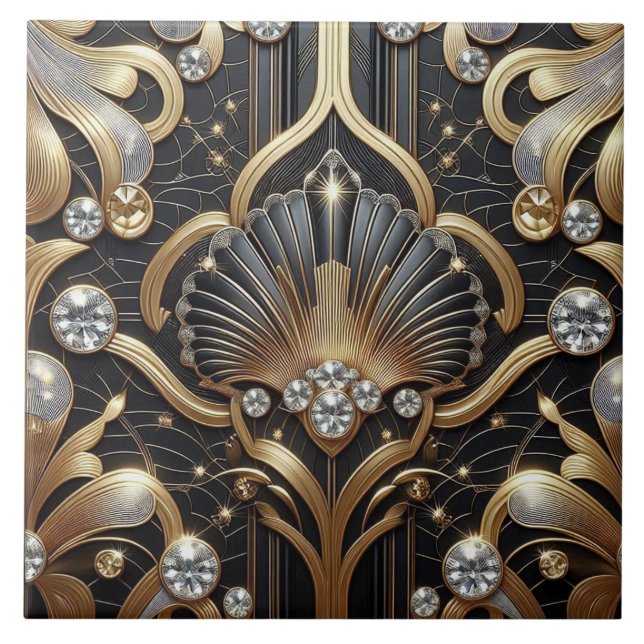 Azulejo Luxury Black & Gold Art Deco Ceramic Tile  (Frente)