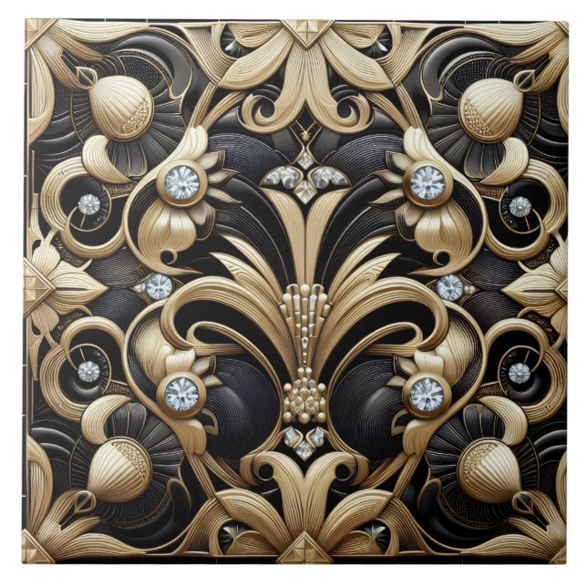 Azulejo Luxury Black & Gold Art Deco Ceramic Tile  (Frente)