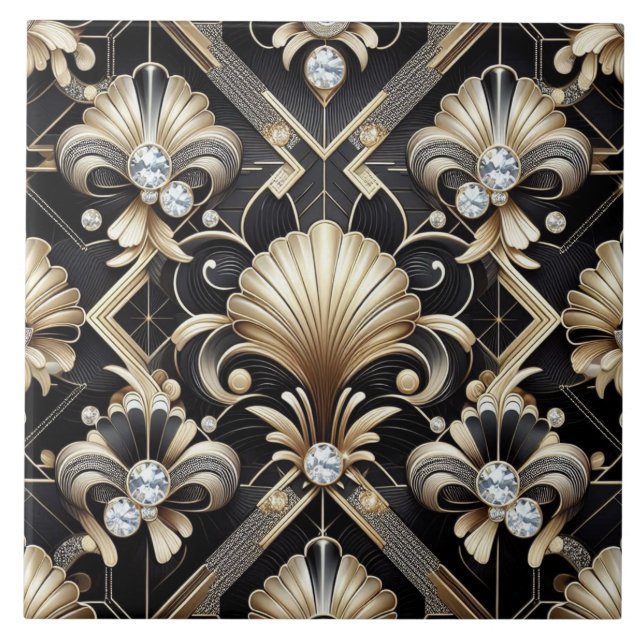 Azulejo Luxury Black & Gold Art Deco Ceramic Tile  (Frente)