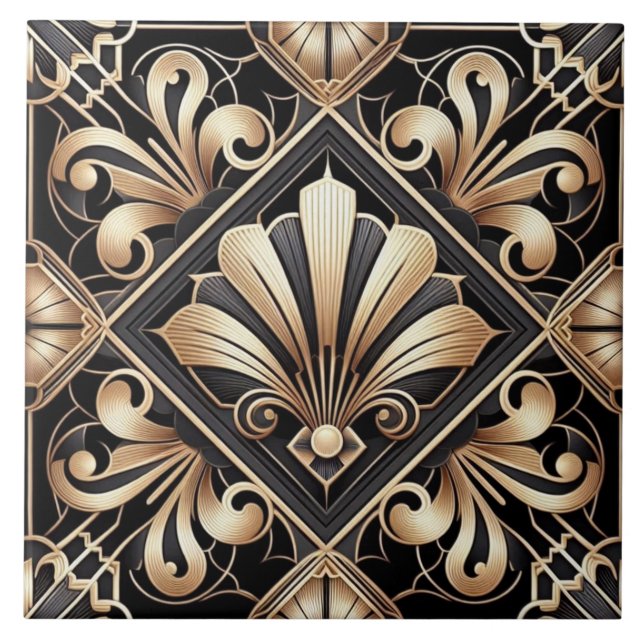 Azulejo Luxury Black & Gold Art Deco Ceramic Tile  (Frente)