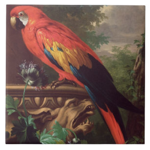 Azulejo Macaw del escarlata en un paisaje (aceite en lona)