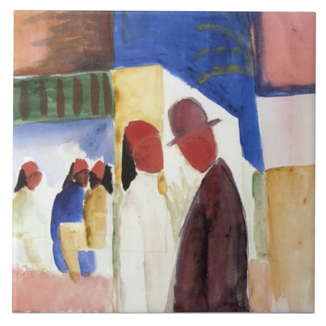 Azulejo Macke - En la calle, pintura acuarela, (Frente)