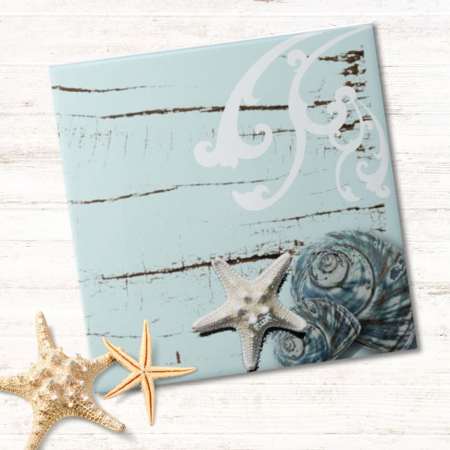 Azulejo Madera de moda costera de agua estofado azul (Coastal chic wood aqua blue starfish seashells ceramic tile)