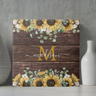 Azulejo Madera marrón eucalipto girasol amarillo monograma