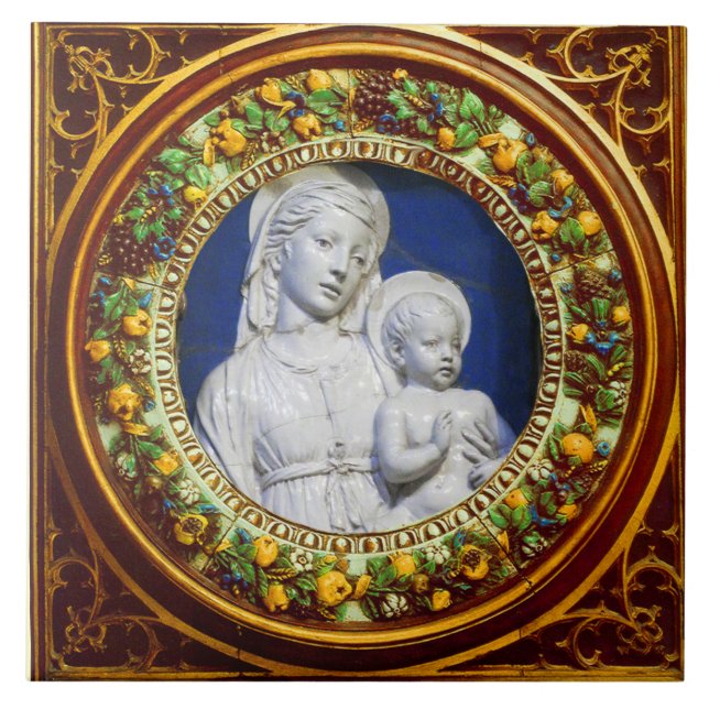 AZULEJO MADONNA CON NIÑO, RENAISSANTE CORONA FLORAL (Frente)