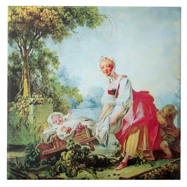 Azulejo Madre e hijo en carretilla por Fragonard (Frente)