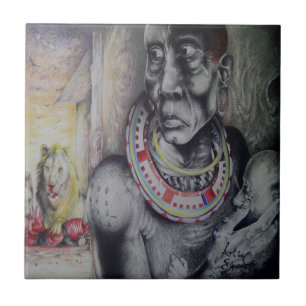 Azulejo Madre e hijo masái con arte de león impreso/gráfic