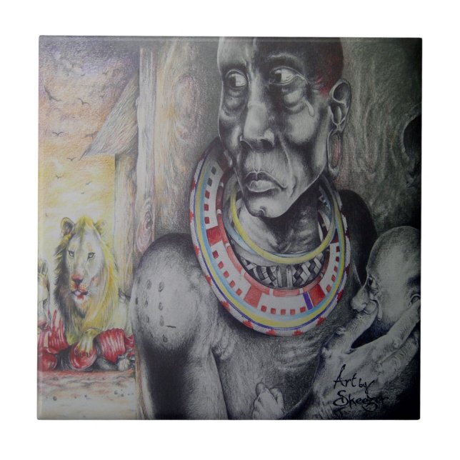Azulejo Madre e hijo masái con arte de león impreso/gráfic (Frente)