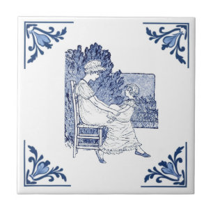 Azulejo Madre y niño de cosecha blanca y azul