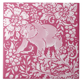 Azulejo Magenta Bear Animal Nature Woodland Floral