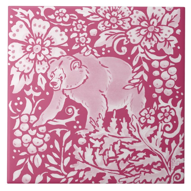 Azulejo Magenta Bear Animal Nature Woodland Floral (Frente)