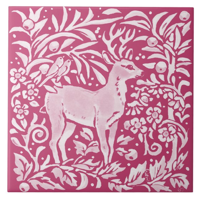 Azulejo Magenta Deer Bird Naturaleza Animal Woodland Flora (Frente)