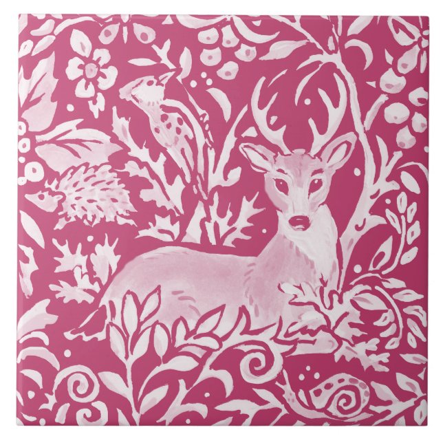Azulejo Magenta Deer Hedgehog Bird Nature Woodland Floral (Frente)