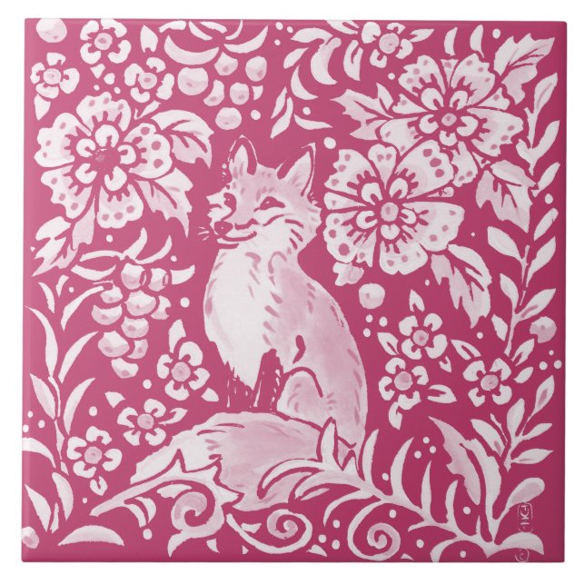 Azulejo Magenta Fox Animal Nature Woodland Floral (Frente)