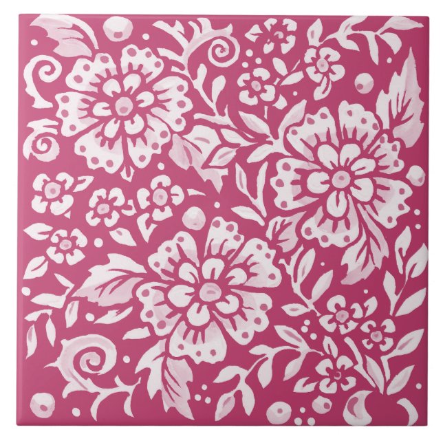 Azulejo Magenta Ornate Floral Grande Flower Leaf Berry (Frente)