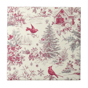 Azulejo Magenta Rojo Verde Toile Navidad Crema Invierno