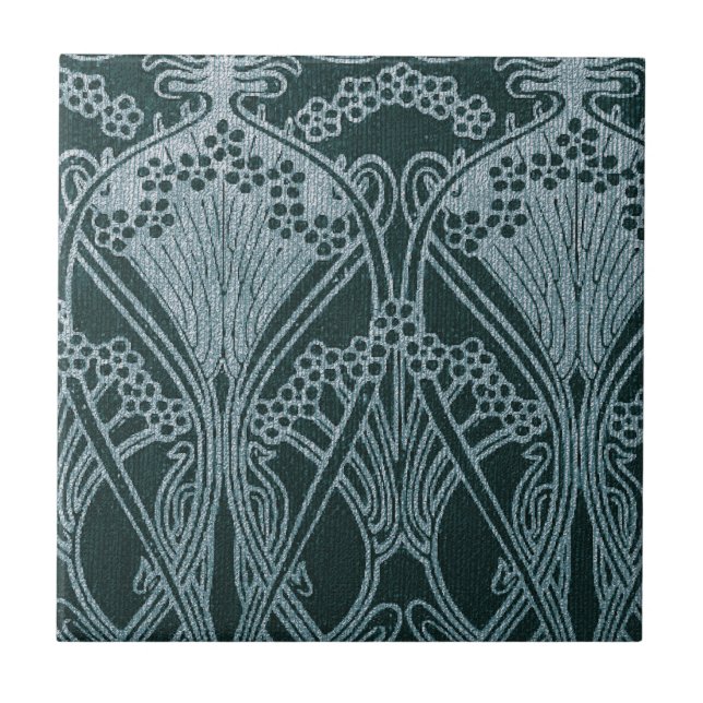 Azulejo Magnífica, plata verde azulada, patrón Art Nouveau (Frente)