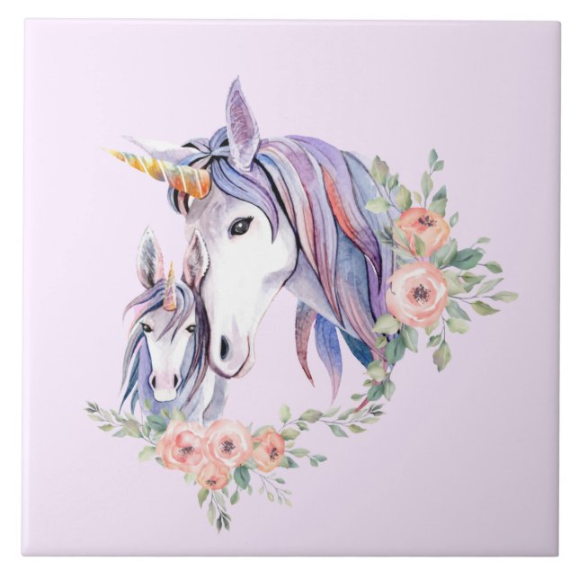 Azulejo Magnífica unicornio, mamá y bebé acuarela (Frente)