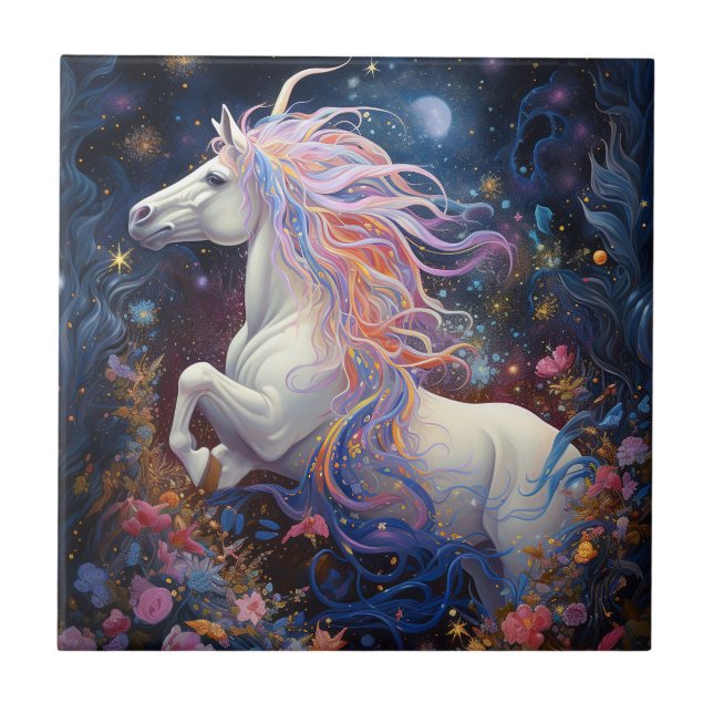 Azulejo Magnífico arte de fantasía de caballo blanco (Frente)