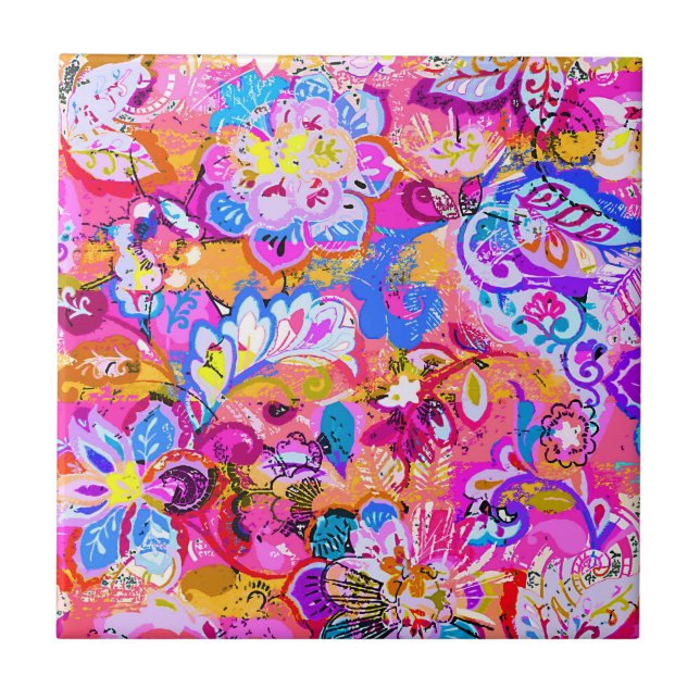Azulejo Magnífico colorido abstracto floral (Frente)