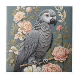 Azulejo Magnífico Loro Gris Africano Con Elegantes Florale