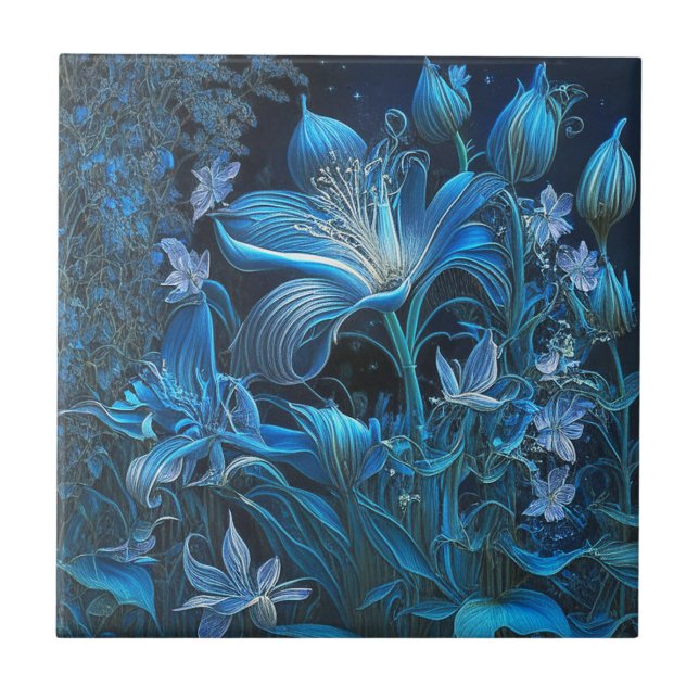 Azulejo Magnífico mosaico cerámico Floral de Lily Azul (Frente)