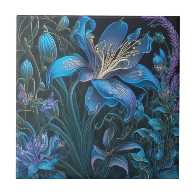 Azulejo Magnífico mosaico cerámico Floral de Lily Azul (Frente)