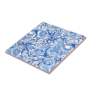 Azulejo Magnífico Patrón Paisley Floral Azul Blanco
