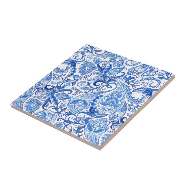Azulejo Magnífico Patrón Paisley Floral Azul Blanco Azul (Lado)