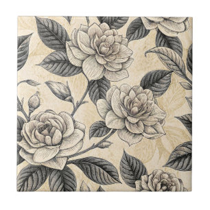 Azulejo Magnolia de porcelana blanca gris Botánico