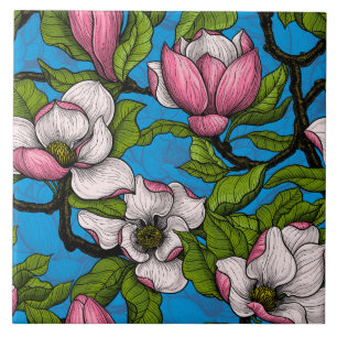 Azulejo Magnolia floreciendo sobre azul
