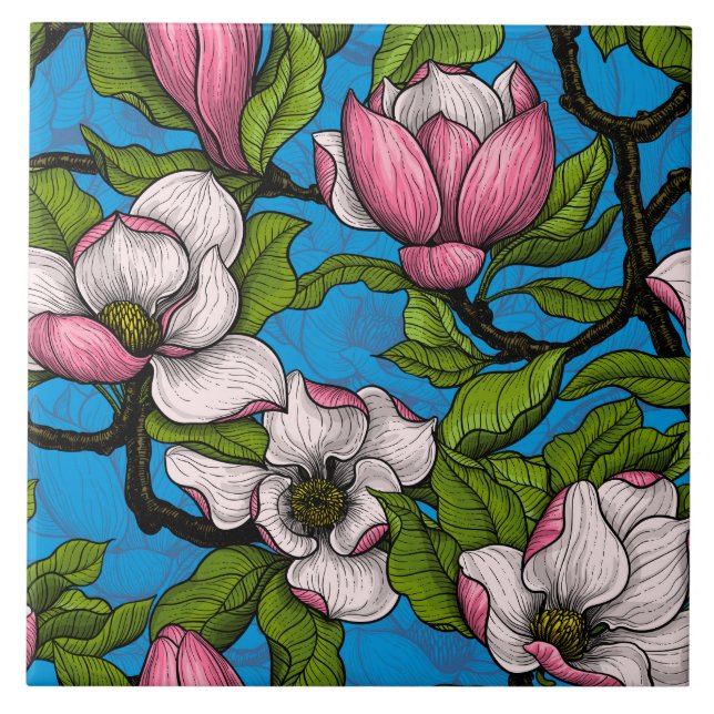 Azulejo Magnolia floreciendo sobre azul (Frente)
