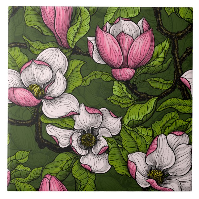 Azulejo Magnolia floreciente en verde oscuro (Frente)