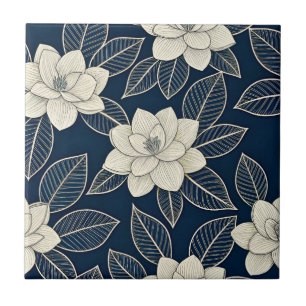 Azulejo Magnolia Moderna Floral Azul Medianoche Marfil