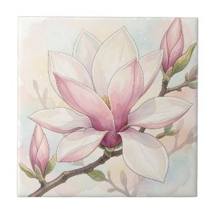 Azulejo Magnolia Rosa Delicada Floración Acuarela