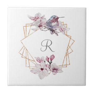 Azulejo Magnolias Blancas Rosadas Monograma Marco Dorado P