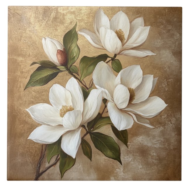 Azulejo Magnolias blancas sobre fondo de oro (Frente)
