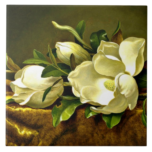 Azulejo Magnolias sobre tela de terciopelo dorado, pintura (Frente)