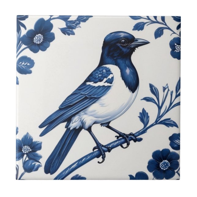 Azulejo Magpie como Bird Delft Blue y White Floral (Frente)