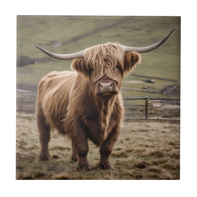 Azulejo **"Majestad Peluda: La Vaca Brown Highland Lanuda" (Frente)