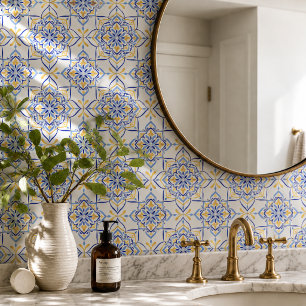 Azulejo Majestic Bloom  Elegant Blue and Gold Floral Mosai