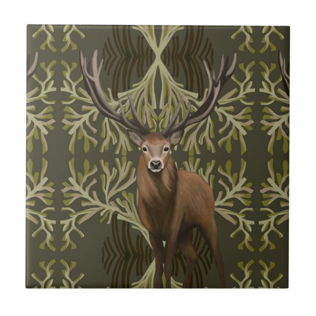 Azulejo Majestic Stag Resumen Bosque Verde (Frente)