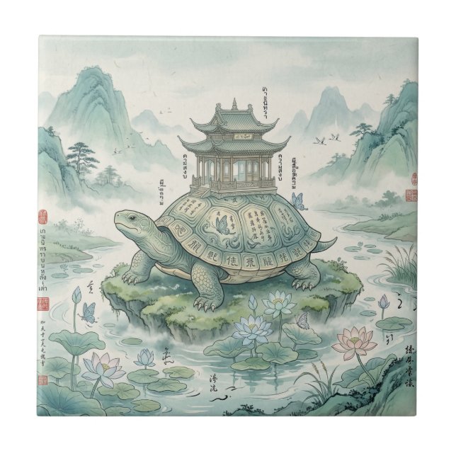 Azulejo Majestic Turtle Pagoda Ink Art (Frente)