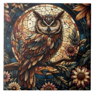 Azulejo Majestic Woodland Brown Owl Stained Glass