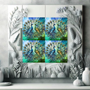 Azulejo Majestuosa Pareja de Pavos Reales Azul Verde Pluma