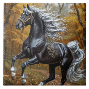 Azulejo Majestuoso caballo negro en un bosque otoñal