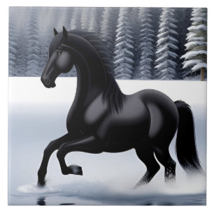 Azulejo Majestuoso caballo negro que avanza con paso garbo