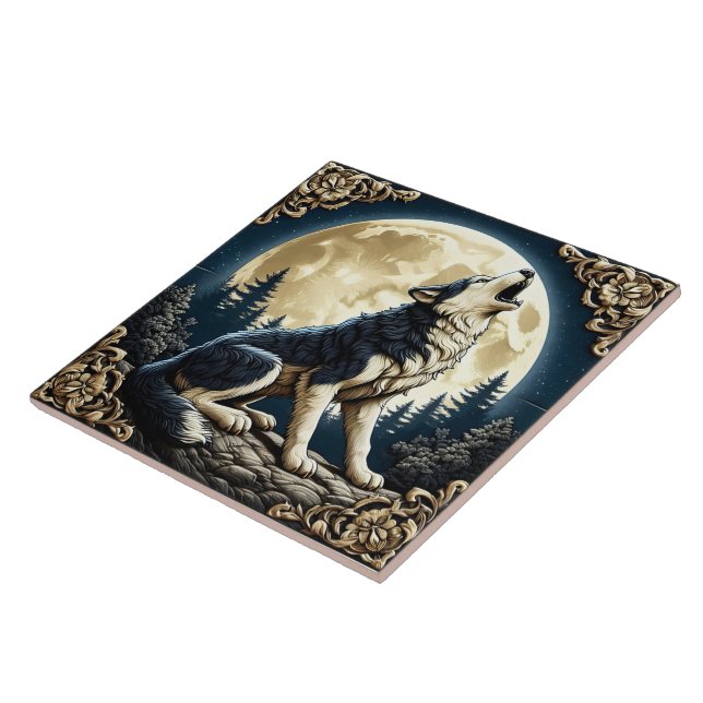 Azulejo Majestuoso Lobo Howning bajo una luna llena por la (Lado)