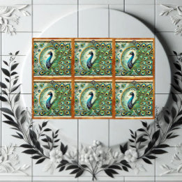 Azulejo Majestuoso Motivo de Plumas de Pavo Real Azul Verd