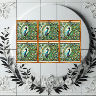 Azulejo Majestuoso Motivo de Plumas de Pavo Real Azul Verd